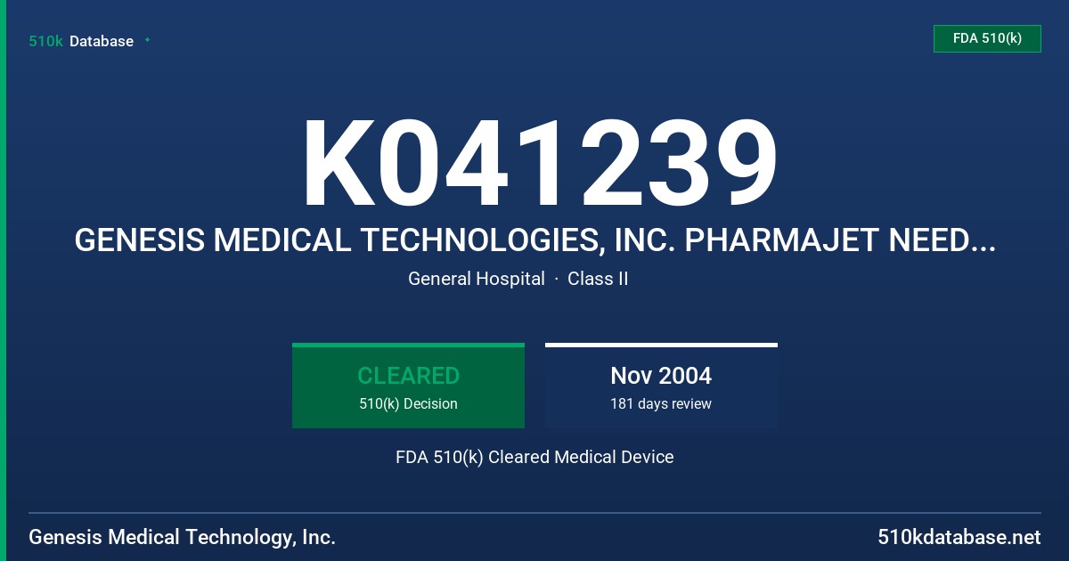 K041239 GENESIS MEDICAL TECHNOLOGIES, INC. PHARMAJET NEEDLE-FREE INJECTOR, MODEL M2000 FDA 510(k) Cleared Medical Device