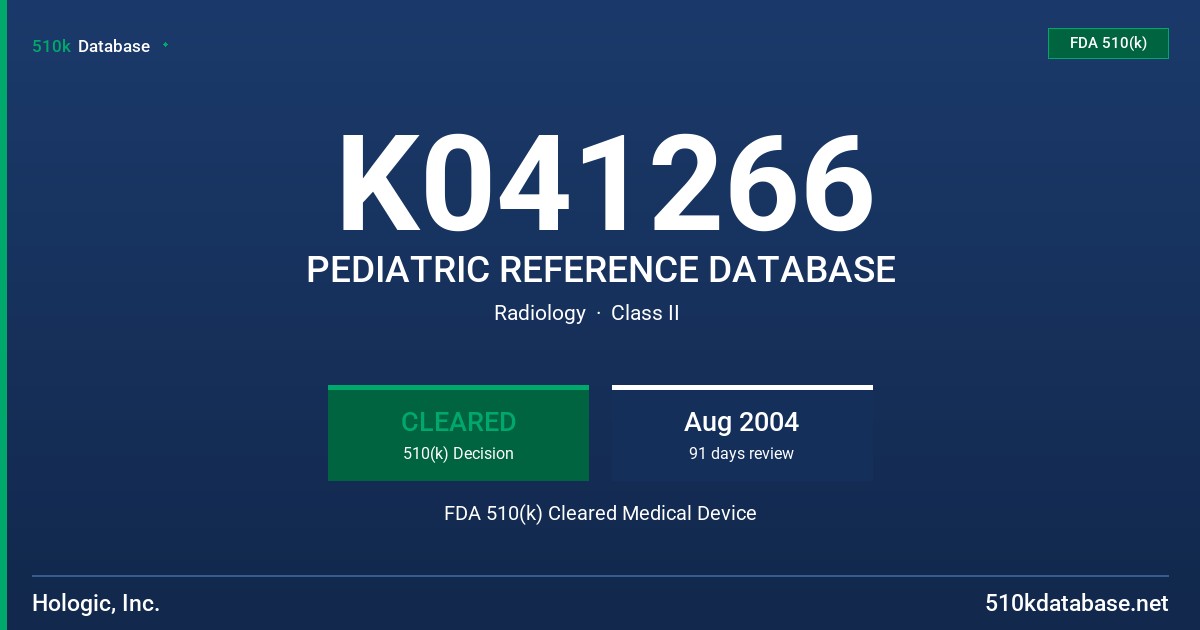 K041266 PEDIATRIC REFERENCE DATABASE FDA 510(k) Cleared Medical Device