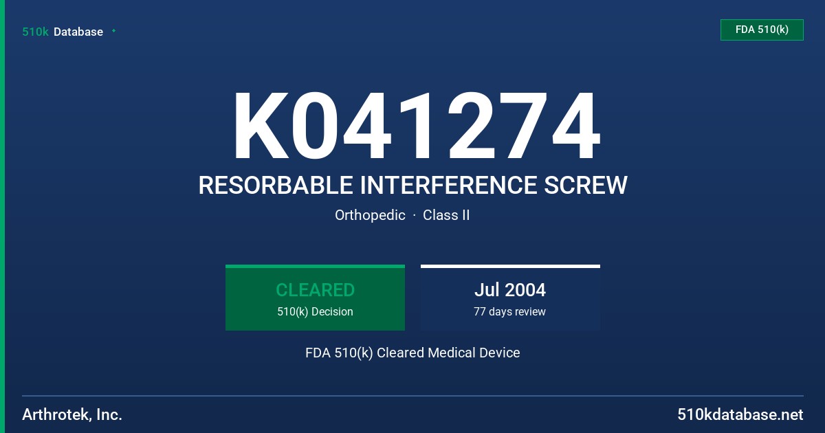 K041274 RESORBABLE INTERFERENCE SCREW FDA 510(k) Cleared Medical Device