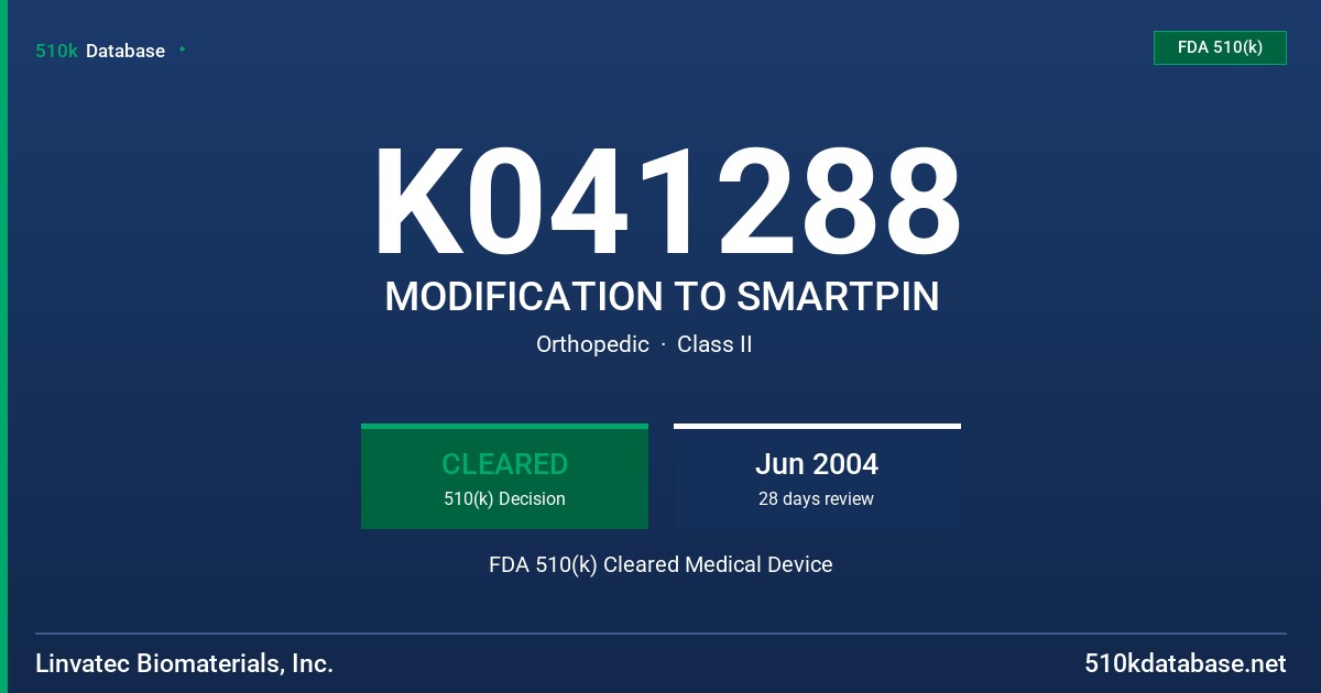 K041288 MODIFICATION TO SMARTPIN FDA 510(k) Cleared Medical Device