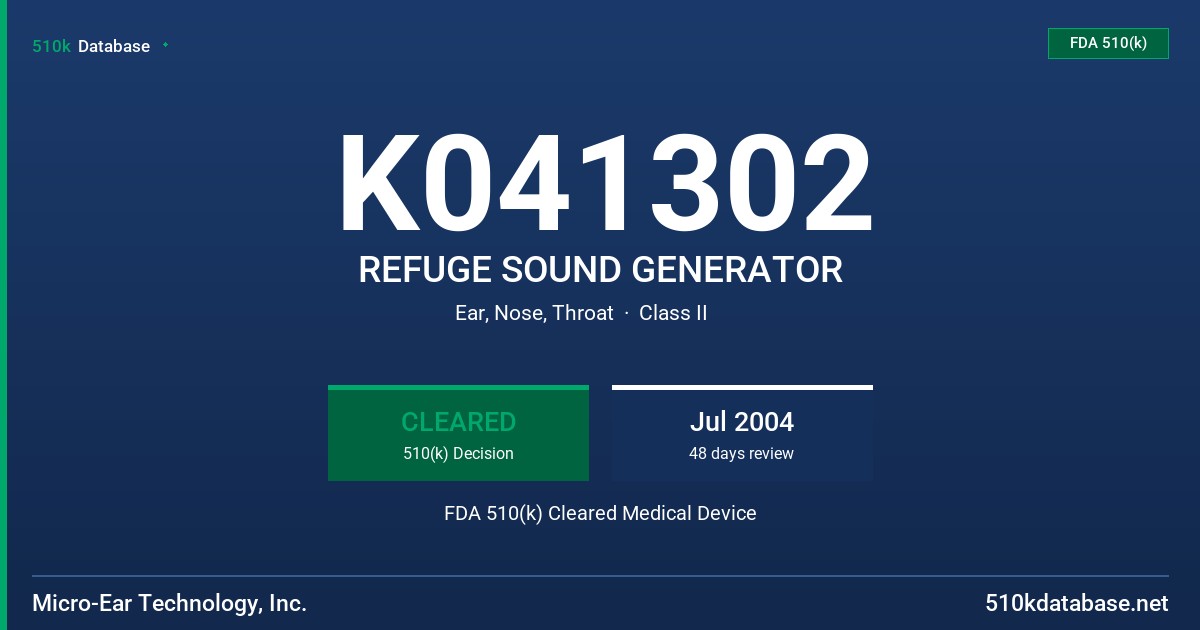 K041302 REFUGE SOUND GENERATOR FDA 510(k) Cleared Medical Device