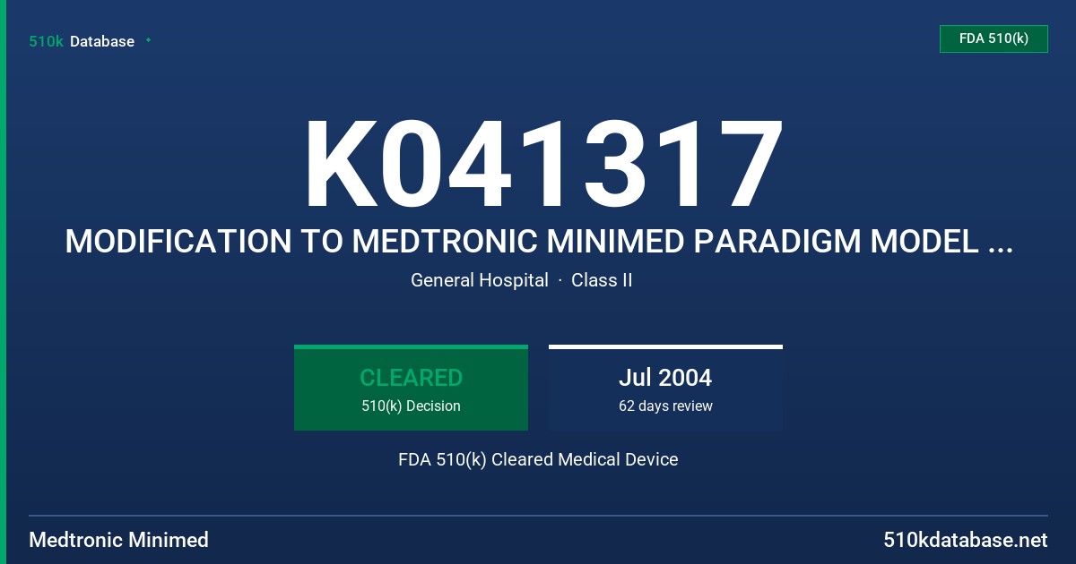K041317 MODIFICATION TO MEDTRONIC MINIMED PARADIGM MODEL 512 INSULIN PUMP FDA 510(k) Cleared Medical Device