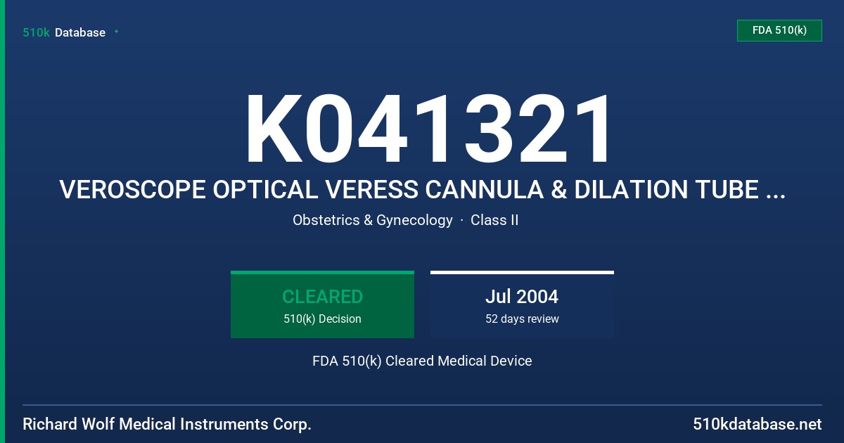 K041321 VEROSCOPE OPTICAL VERESS CANNULA & DILATION TUBE SYSTEM FDA 510(k) Cleared Medical Device
