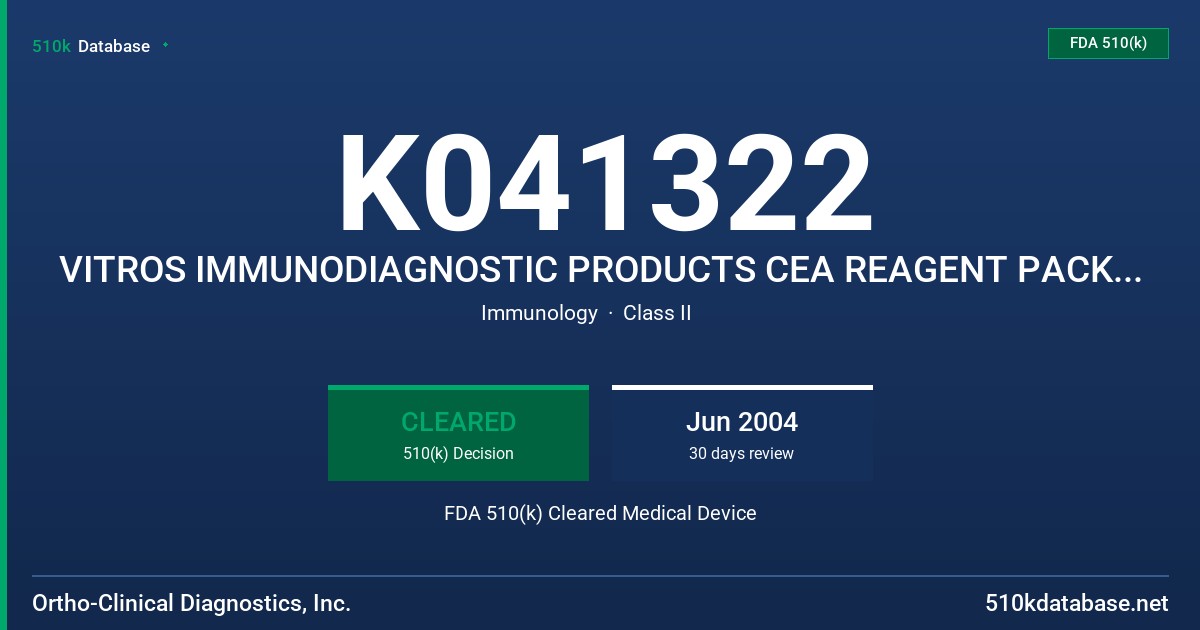 K041322 VITROS IMMUNODIAGNOSTIC PRODUCTS CEA REAGENT PACK/CALIBRATOR/RANGE VERIFIERS FDA 510(k) Cleared Medical Device