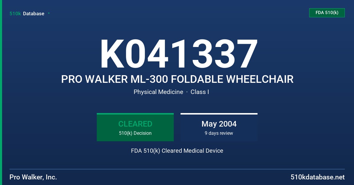 K041337 PRO WALKER ML-300 FOLDABLE WHEELCHAIR FDA 510(k) Cleared Medical Device