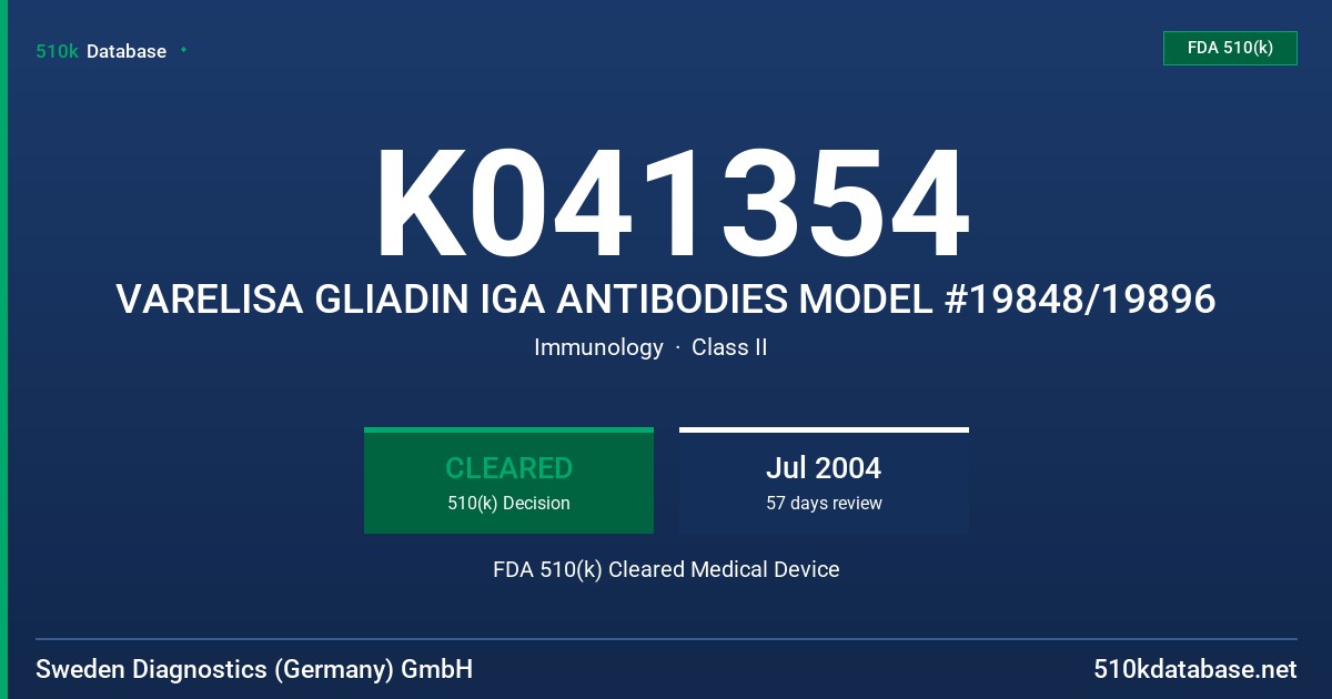 K041354 VARELISA GLIADIN IGA ANTIBODIES MODEL #19848/19896 FDA 510(k) Cleared Medical Device