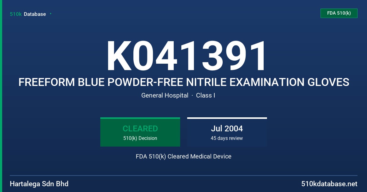 K041391 FREEFORM BLUE POWDER-FREE NITRILE EXAMINATION GLOVES FDA 510(k) Cleared Medical Device