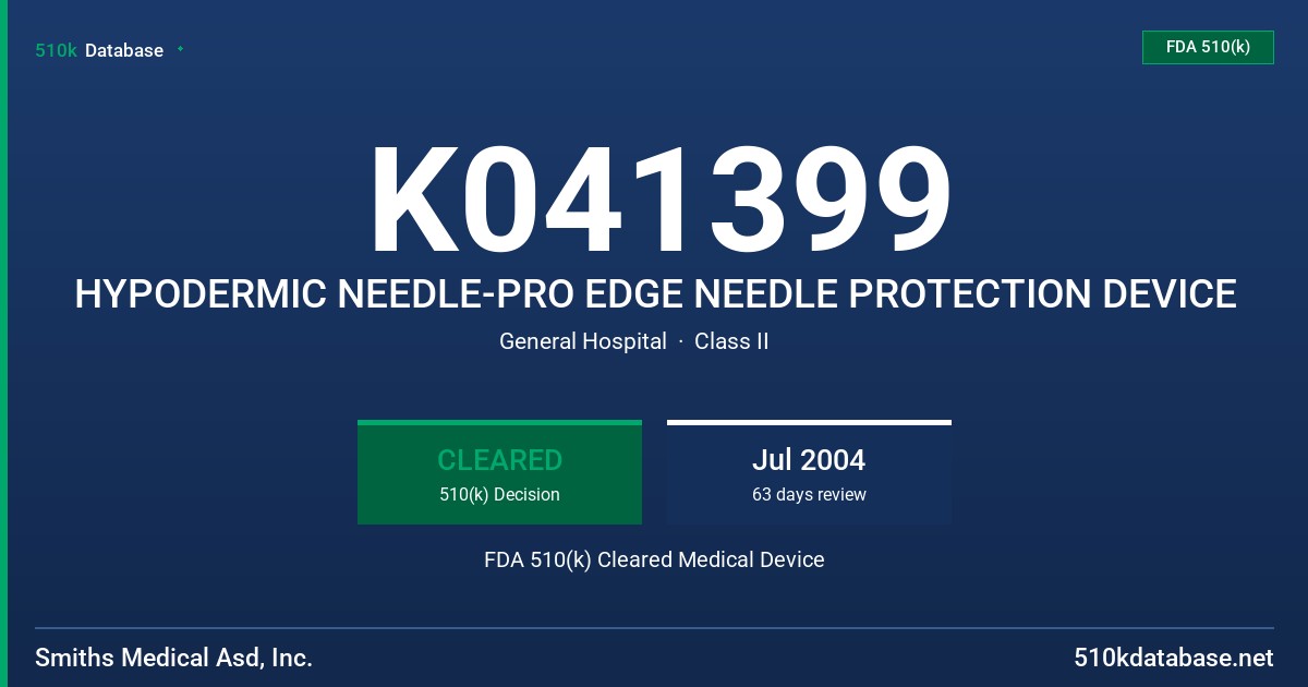 K041399 HYPODERMIC NEEDLE-PRO EDGE NEEDLE PROTECTION DEVICE FDA 510(k) Cleared Medical Device