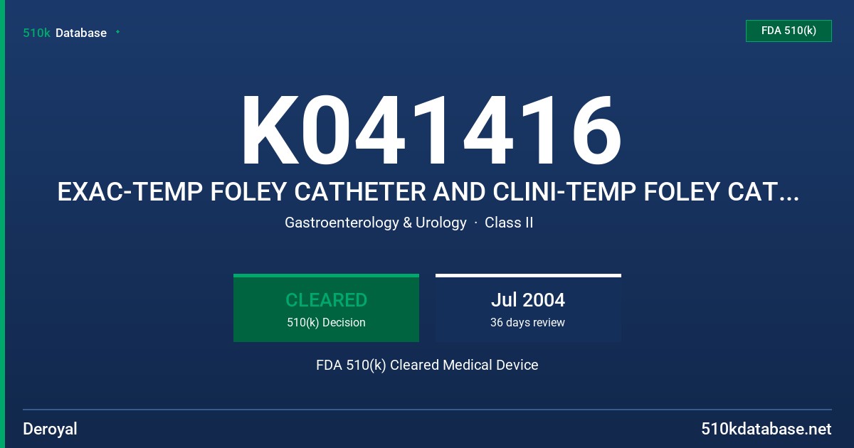 K041416 EXAC-TEMP FOLEY CATHETER AND CLINI-TEMP FOLEY CATHETER FDA 510(k) Cleared Medical Device