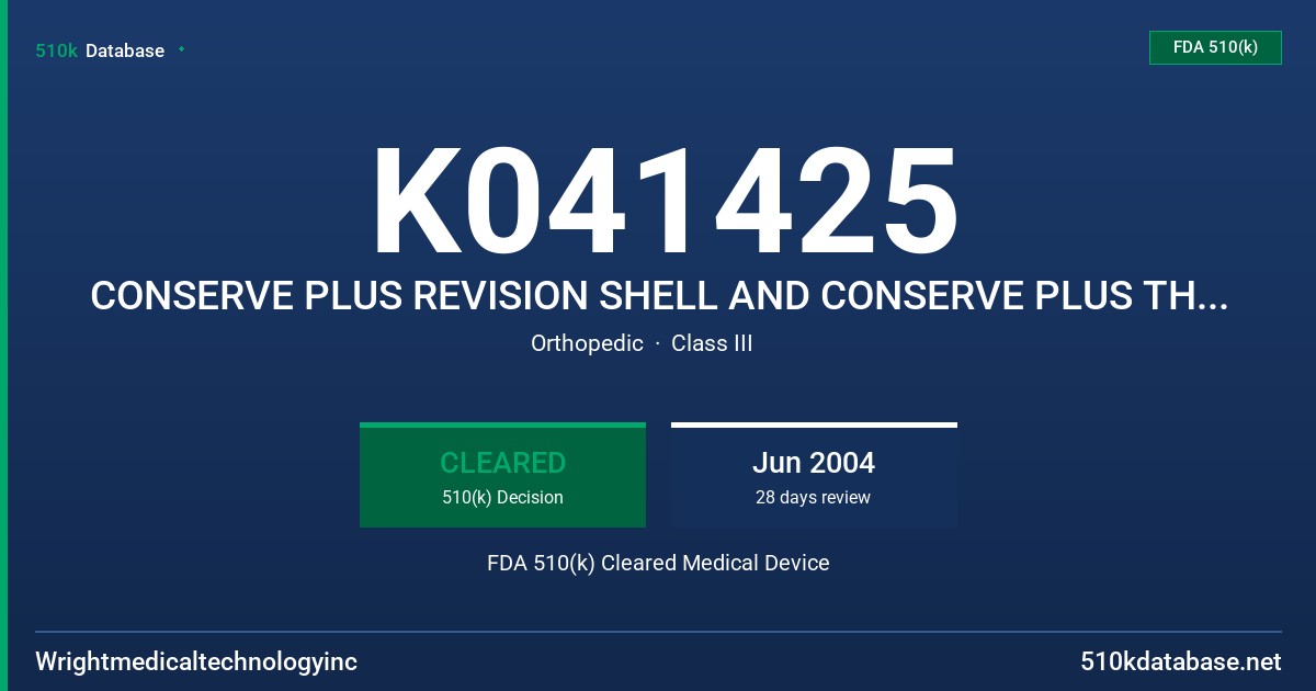K041425 CONSERVE PLUS REVISION SHELL AND CONSERVE PLUS THICK SHELL FDA 510(k) Cleared Medical Device