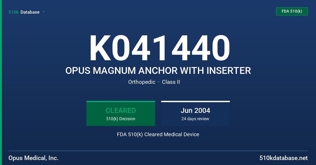K041440 OPUS MAGNUM ANCHOR WITH INSERTER FDA 510(k) Cleared Medical Device