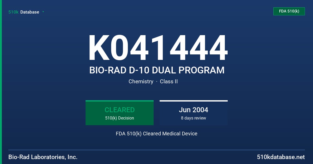 K041444 BIO-RAD D-10 DUAL PROGRAM FDA 510(k) Cleared Medical Device