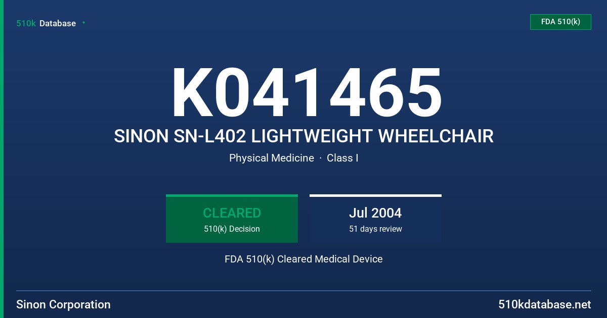 K041465 SINON SN-L402 LIGHTWEIGHT WHEELCHAIR FDA 510(k) Cleared Medical Device