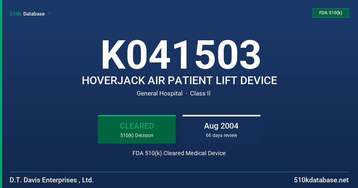 K041503 HOVERJACK AIR PATIENT LIFT DEVICE FDA 510(k) Cleared Medical Device