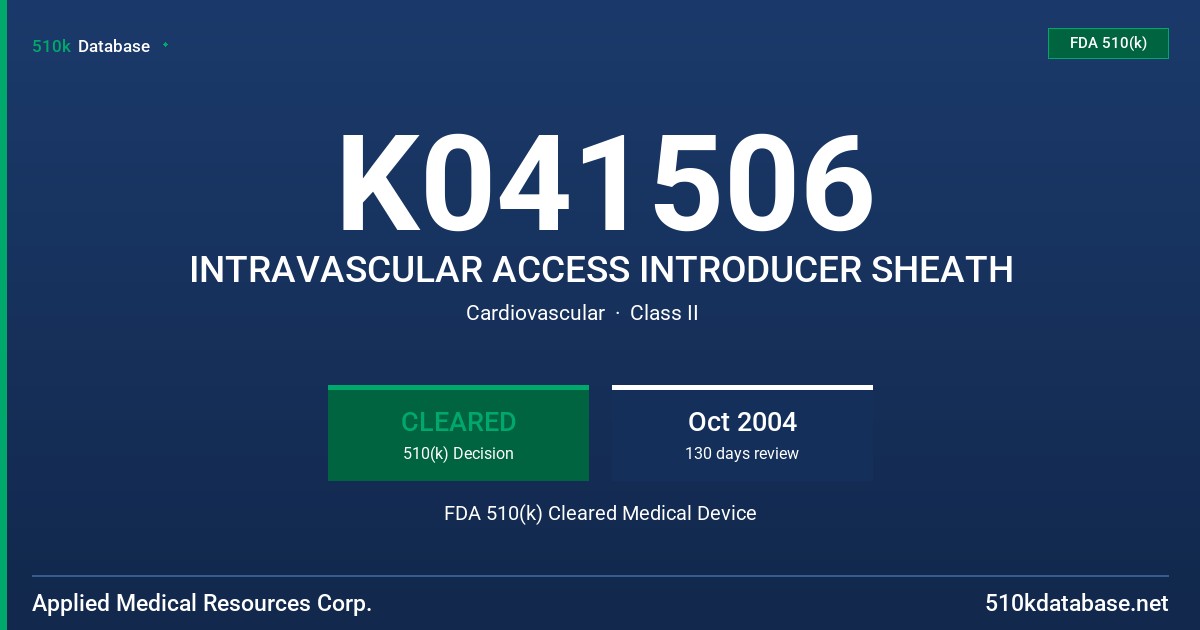 K041506 INTRAVASCULAR ACCESS INTRODUCER SHEATH FDA 510(k) Cleared Medical Device