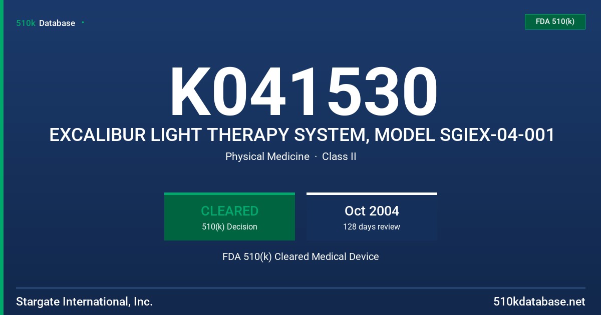 K041530 EXCALIBUR LIGHT THERAPY SYSTEM, MODEL SGIEX-04-001 FDA 510(k) Cleared Medical Device