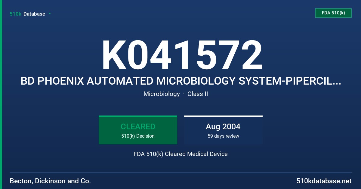 K041572 BD PHOENIX AUTOMATED MICROBIOLOGY SYSTEM-PIPERCILLIN (GN) 0.5-128 UG/ML FDA 510(k) Cleared Medical Device