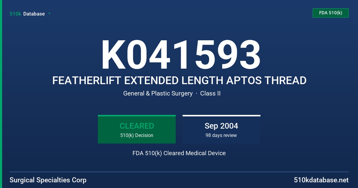 K041593 FEATHERLIFT EXTENDED LENGTH APTOS THREAD FDA 510(k) Cleared Medical Device