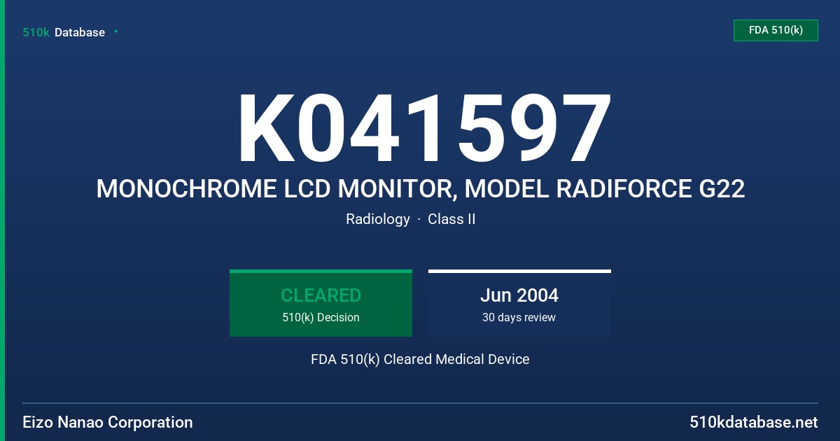 K041597 MONOCHROME LCD MONITOR, MODEL RADIFORCE G22 FDA 510(k) Cleared Medical Device