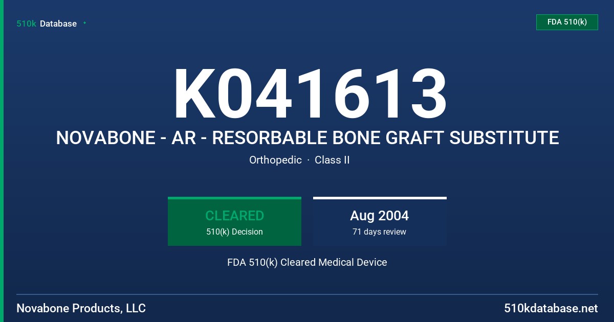 K041613 NOVABONE - AR - RESORBABLE BONE GRAFT SUBSTITUTE FDA 510(k) Cleared Medical Device