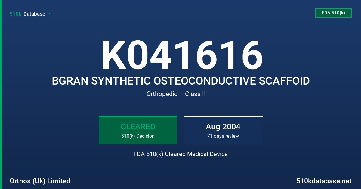 K041616 BGRAN SYNTHETIC OSTEOCONDUCTIVE SCAFFOID FDA 510(k) Cleared Medical Device