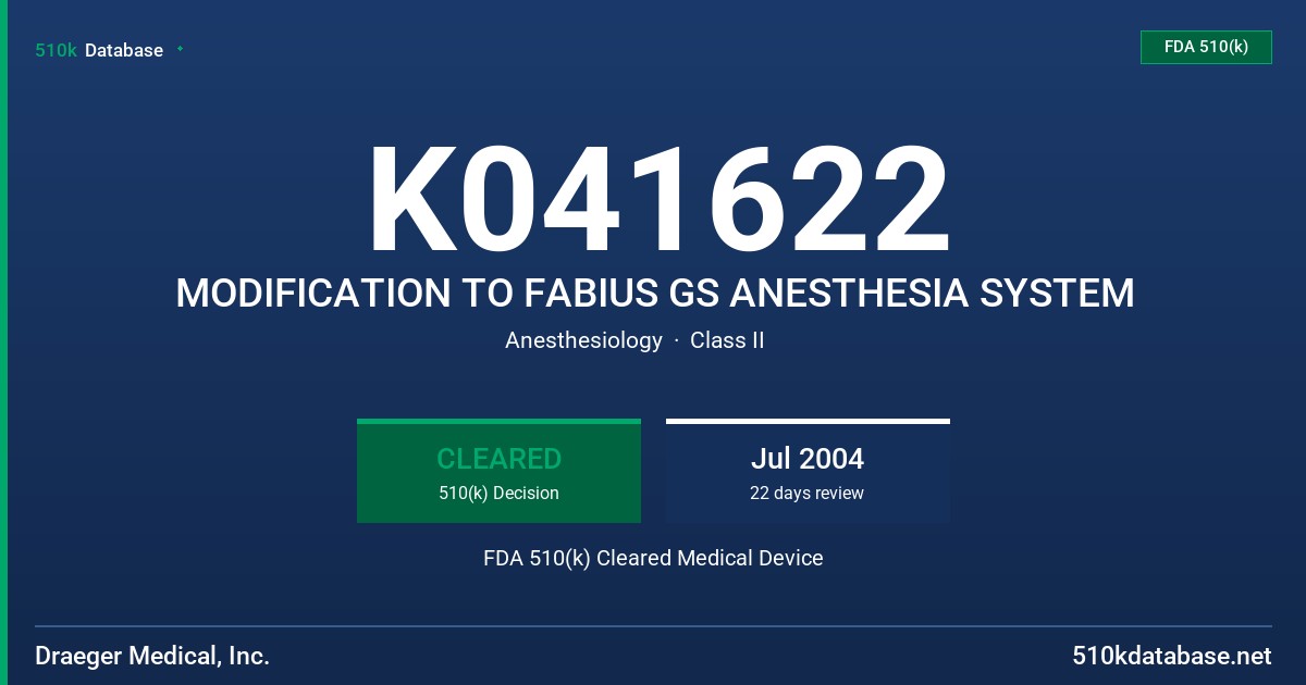 K041622 MODIFICATION TO FABIUS GS ANESTHESIA SYSTEM FDA 510(k) Cleared Medical Device