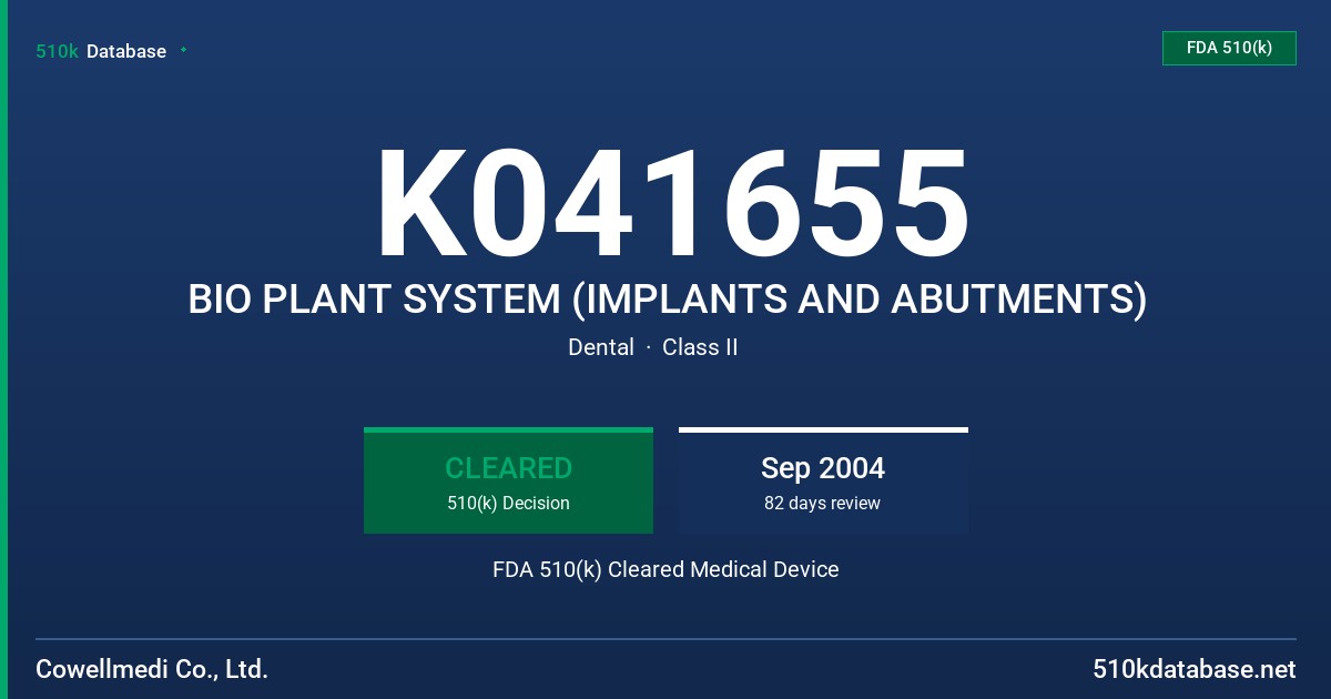 K041655 BIO PLANT SYSTEM (IMPLANTS AND ABUTMENTS) FDA 510(k) Cleared Medical Device