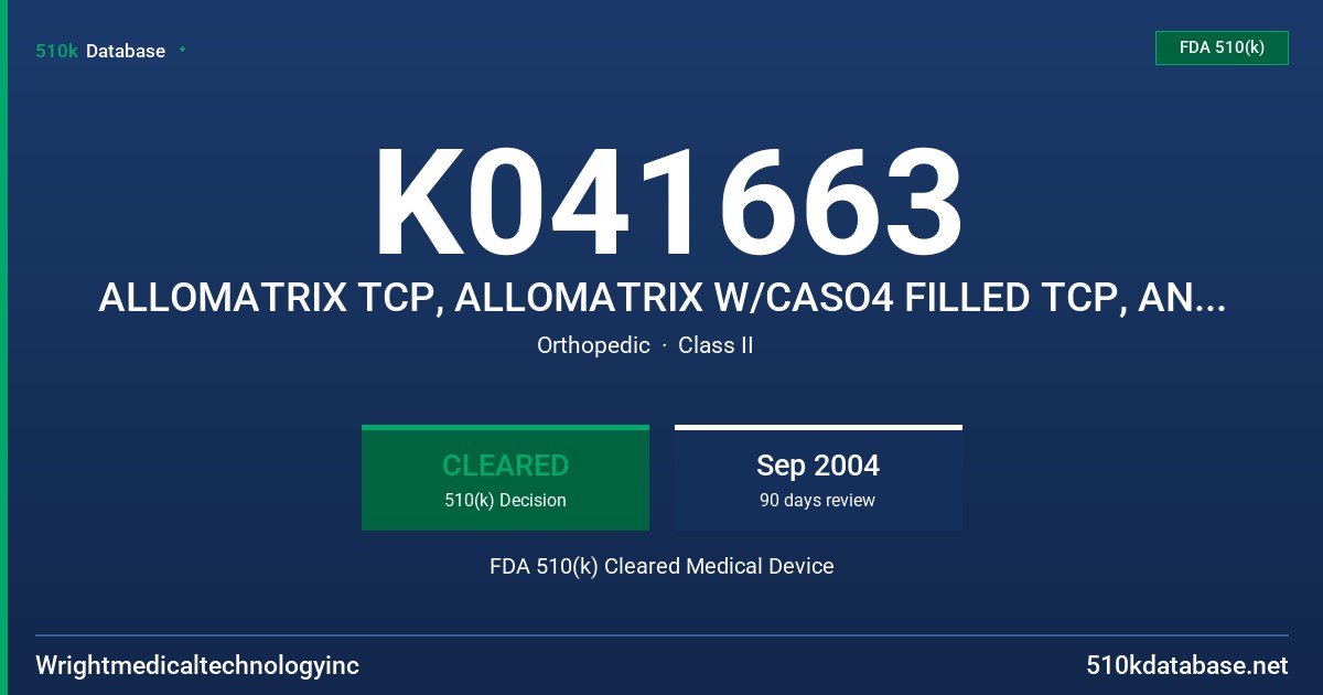 K041663 ALLOMATRIX TCP, ALLOMATRIX W/CASO4 FILLED TCP, AND ALLOMATRIX PLUS CBM FDA 510(k) Cleared Medical Device
