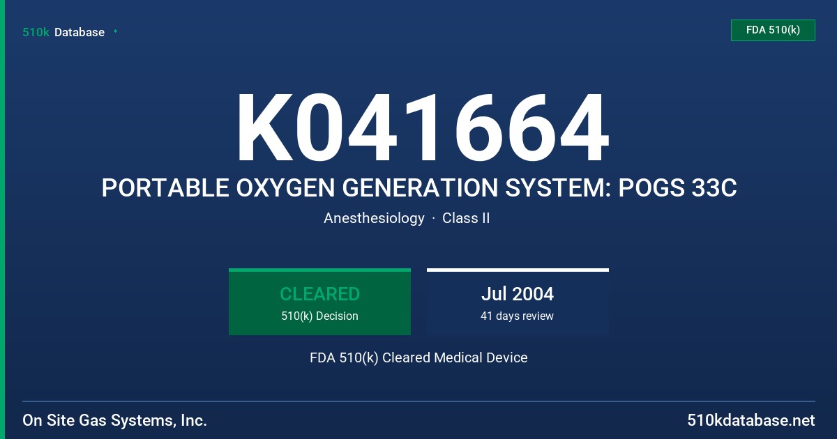 K041664 PORTABLE OXYGEN GENERATION SYSTEM: POGS 33C FDA 510(k) Cleared Medical Device