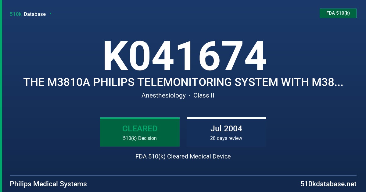 K041674 THE M3810A PHILIPS TELEMONITORING SYSTEM WITH M3814A SPO2 UNIT FDA 510(k) Cleared Medical Device