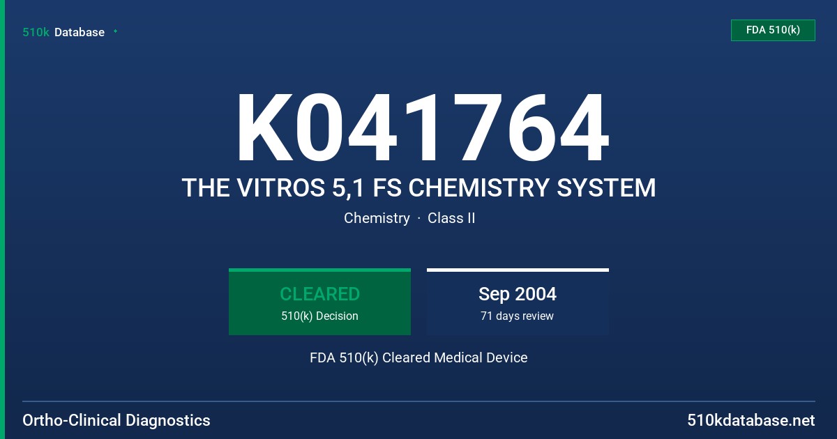 K041764 THE VITROS 5,1 FS CHEMISTRY SYSTEM FDA 510(k) Cleared Medical Device
