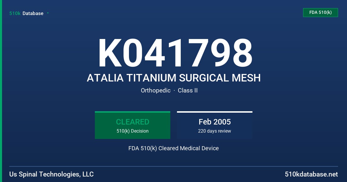 K041798 ATALIA TITANIUM SURGICAL MESH FDA 510(k) Cleared Medical Device