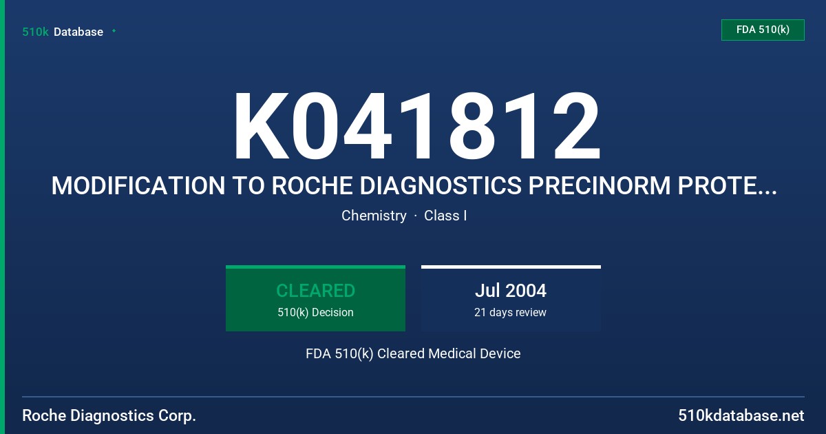 K041812 MODIFICATION TO ROCHE DIAGNOSTICS PRECINORM PROTEINS IN URINE/CSF (PUC) AND PRECIPATH PROTEINS IN URINE/CSF (PUC) FDA 510(k) Cleared Medical Device