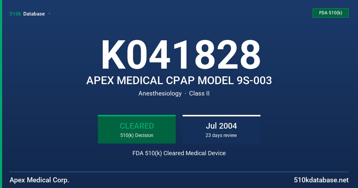 K041828 APEX MEDICAL CPAP MODEL 9S-003 FDA 510(k) Cleared Medical Device