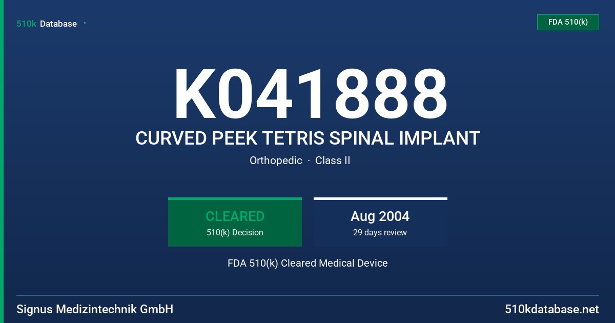 K041888 CURVED PEEK TETRIS SPINAL IMPLANT FDA 510(k) Cleared Medical Device