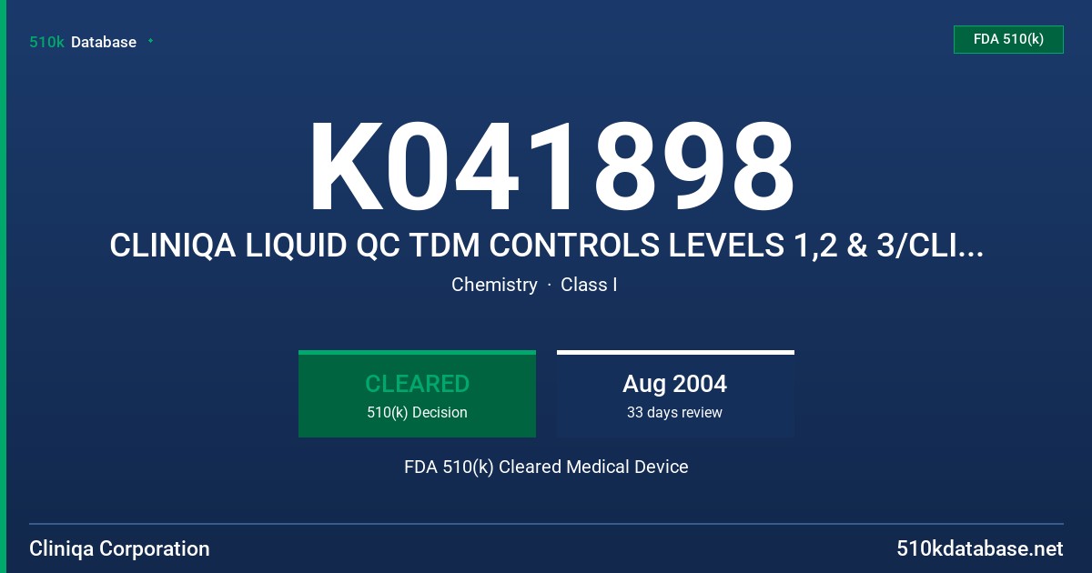 K041898 CLINIQA LIQUID QC TDM CONTROLS LEVELS 1,2 & 3/CLINIQA LINICAL TDM CALIBRATION VERIFIERS LEVELS A-E FOR OLYMPUS AU SYSTEM FDA 510(k) Cleared Medical Device