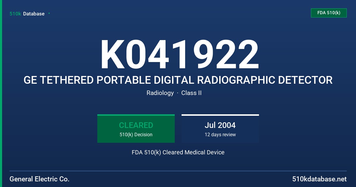 K041922 GE TETHERED PORTABLE DIGITAL RADIOGRAPHIC DETECTOR FDA 510(k) Cleared Medical Device