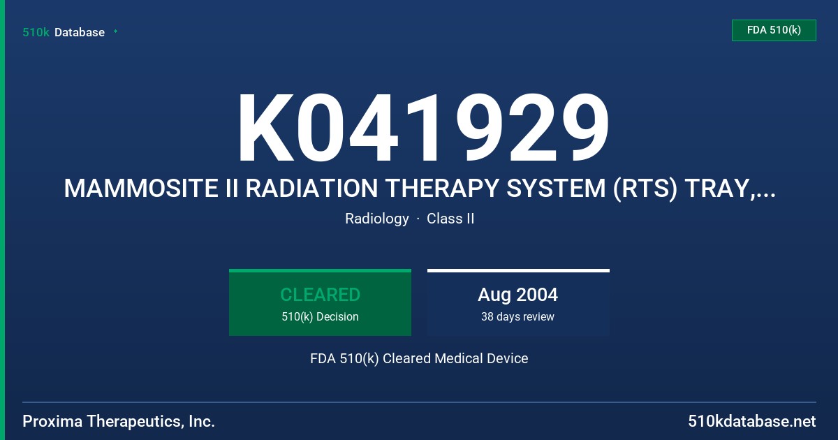 K041929 MAMMOSITE II RADIATION THERAPY SYSTEM (RTS) TRAY, MAMMOSITE HDR AFTERLOADER ACCESSORIES TRAY FDA 510(k) Cleared Medical Device