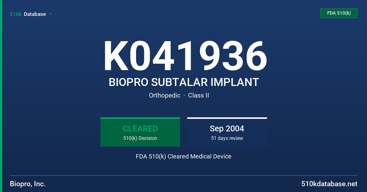 K041936 BIOPRO SUBTALAR IMPLANT FDA 510(k) Cleared Medical Device