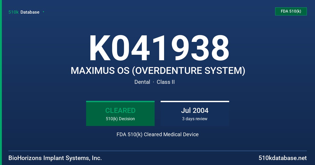 K041938 MAXIMUS OS (OVERDENTURE SYSTEM) FDA 510(k) Cleared Medical Device