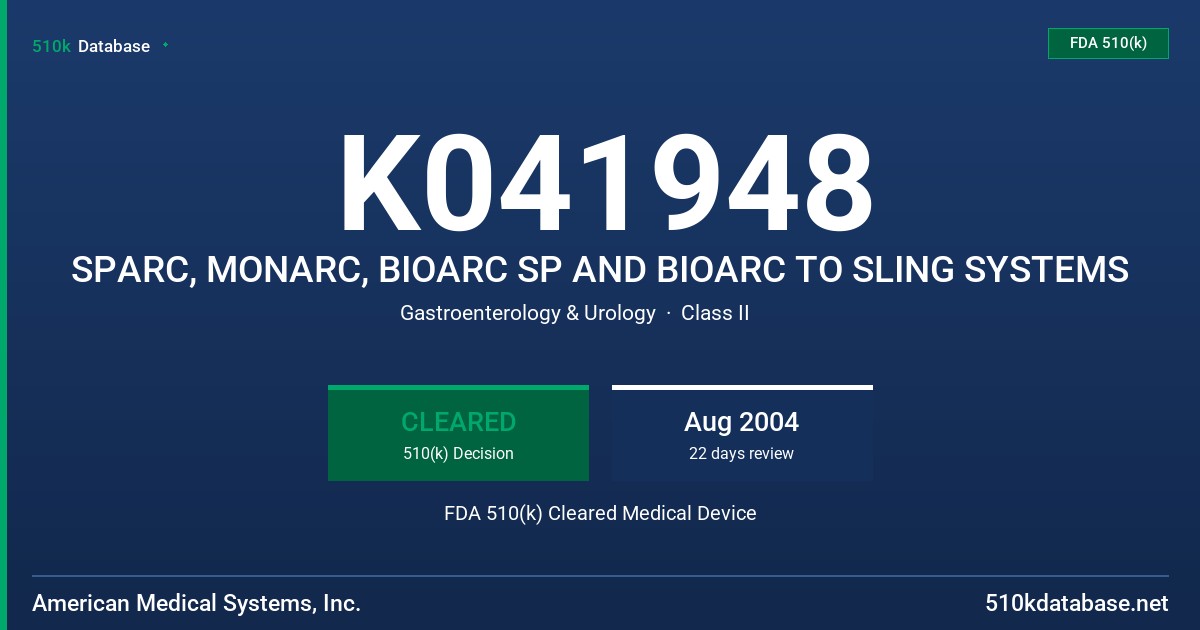 K041948 SPARC, MONARC, BIOARC SP AND BIOARC TO SLING SYSTEMS FDA 510(k) Cleared Medical Device
