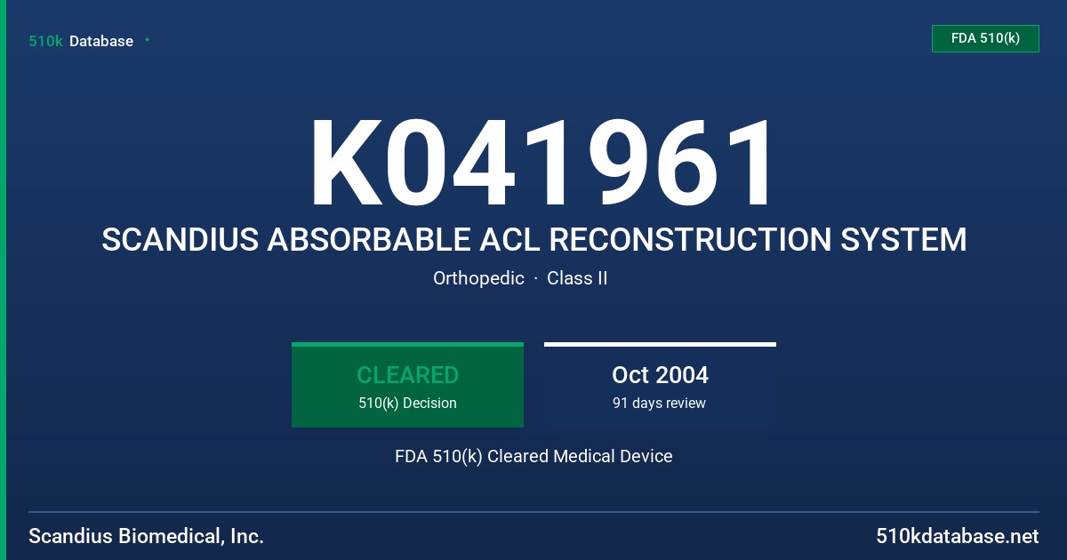 K041961 SCANDIUS ABSORBABLE ACL RECONSTRUCTION SYSTEM FDA 510(k) Cleared Medical Device