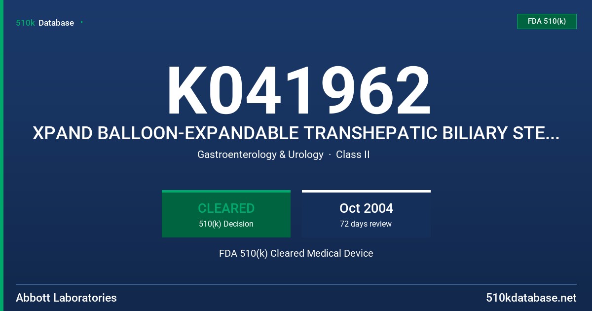 K041962 XPAND BALLOON-EXPANDABLE TRANSHEPATIC BILIARY STENT SYSTEM, MODELS 20587, 20588, 20589, 20603, 20604, 20605 FDA 510(k) Cleared Medical Device