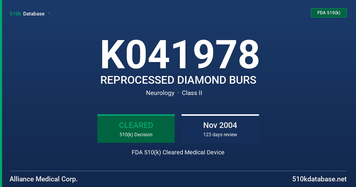 K041978 REPROCESSED DIAMOND BURS FDA 510(k) Cleared Medical Device