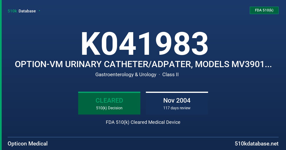 K041983 OPTION-VM URINARY CATHETER/ADPATER, MODELS MV39016, MVA39016 FDA 510(k) Cleared Medical Device