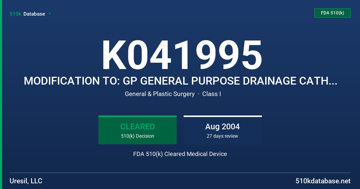 K041995 MODIFICATION TO: GP GENERAL PURPOSE DRAINAGE CATHETER, MINI-PIG DRAINAGE CATHETER, NEPHROSTOMY CATHETER, BILIARY FDA 510(k) Cleared Medical Device