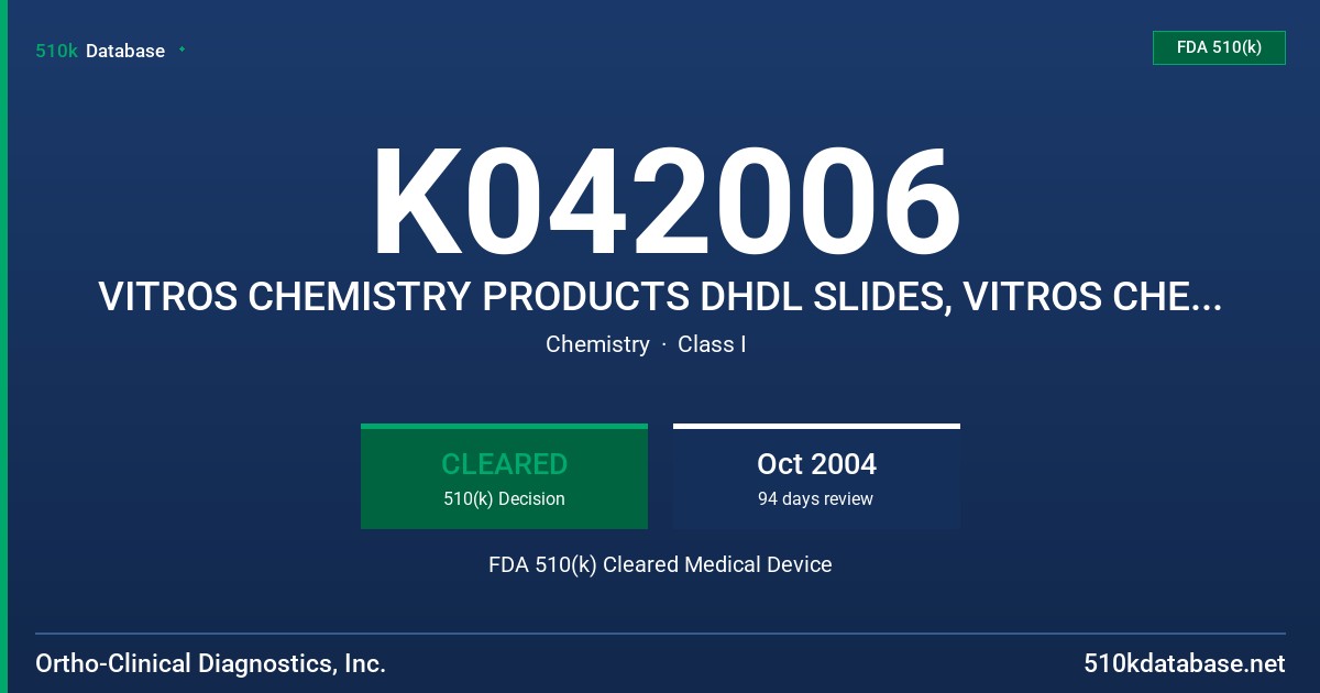 K042006 VITROS CHEMISTRY PRODUCTS DHDL SLIDES, VITROS CHEMISTRY PRODUCTS CALIBRATOR KIT 25, VITROS CHEMISTRY PRODUCTS PERFORMACE FDA 510(k) Cleared Medical Device