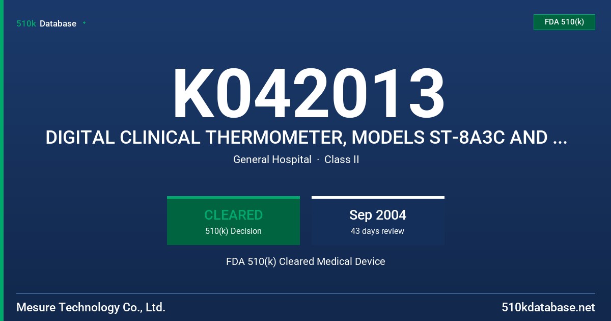 K042013 DIGITAL CLINICAL THERMOMETER, MODELS ST-8A3C AND ST-8A3F FDA 510(k) Cleared Medical Device