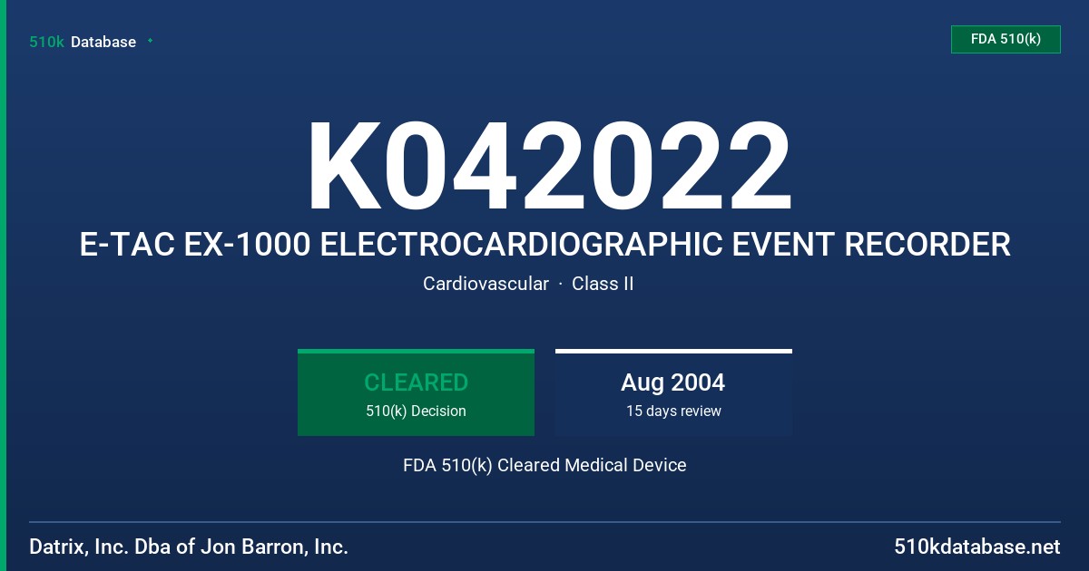 K042022 E-TAC EX-1000 ELECTROCARDIOGRAPHIC EVENT RECORDER FDA 510(k) Cleared Medical Device