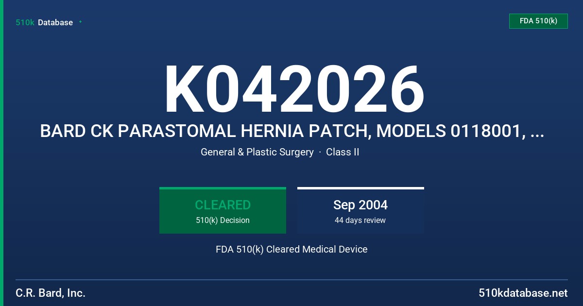 K042026 BARD CK PARASTOMAL HERNIA PATCH, MODELS 0118001, 0118002, 0118003, 0118004 FDA 510(k) Cleared Medical Device